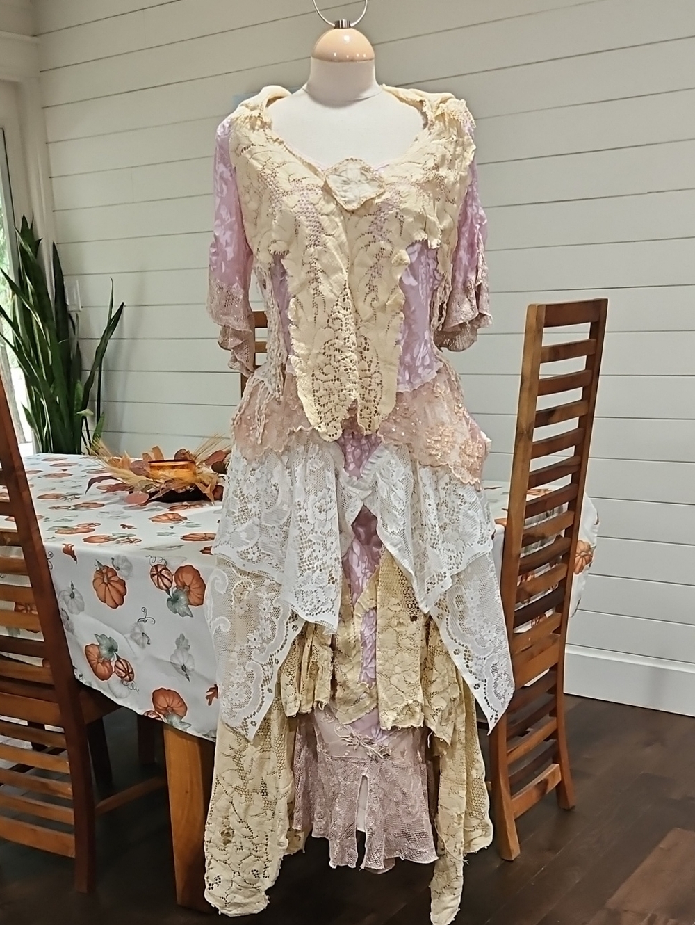 Vintage-Inspired Layered Lace Boho Dress in Cream and Light Pink. One Of A Kind